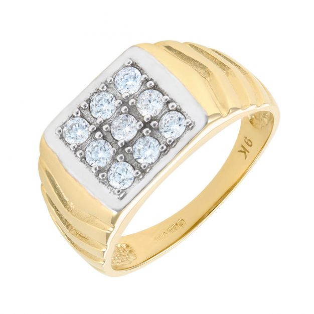 9ct Yellow Gold Square Signet Ring - CZ Gemstone Setting - Gents